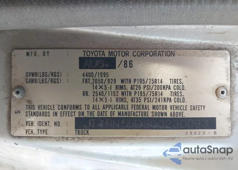 1986 Toyota Pickup 1/2 Ton Rn55 Dlx from USA, damaged, VIN JT4RN55D3G0230093